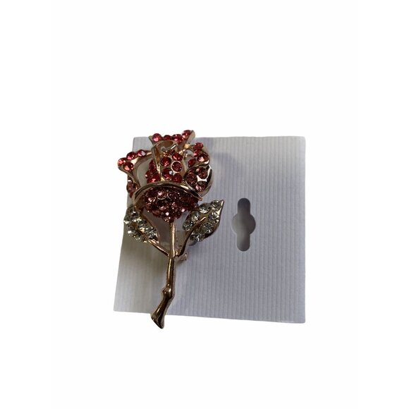 Crystal Rose Brooch Pin With Pink & Clear Austrian Crystals Rose Gold Plated - Picture 1 of 5